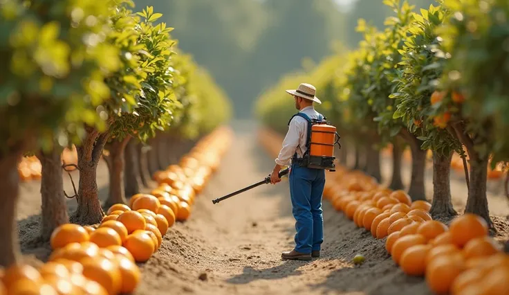 A small farmer dressed in blue overalls, white shirt and straw hat spraying orange orchard. Two rows of fine green orange trees stretching along soft earth paths, sunlight through the leaves creating a sparkling effect. Around there are many wooden baskets...