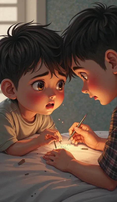 "With great care and patience, the younger brother gently removes each needle, his face full of concern, while the older brother winces but looks at him with gratitude."