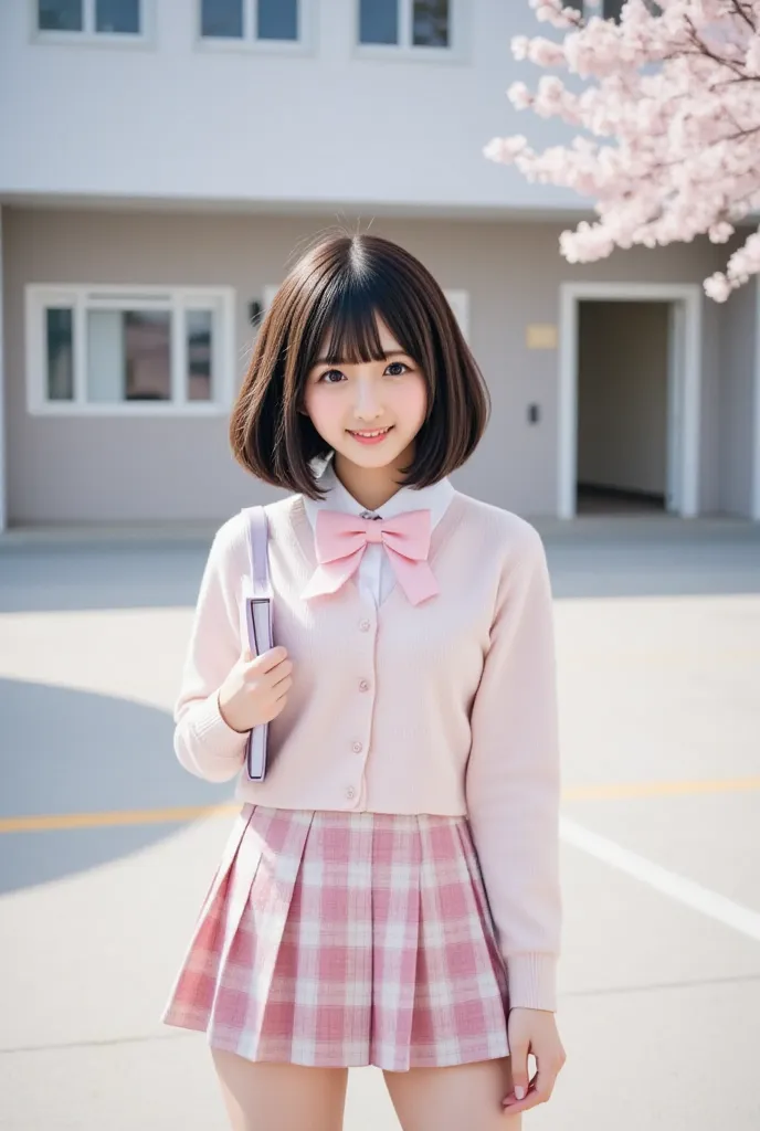 masterpiece, best quality, Cinematic photo, Japanese 18-year-old girl (short black straight hair, bangs reaching to eyebrows, boyish, with ears sticking out, Brown eyes), (smiling with teeth showing : 2.0), wearing a pink and white plaid pleated skirt, pai...