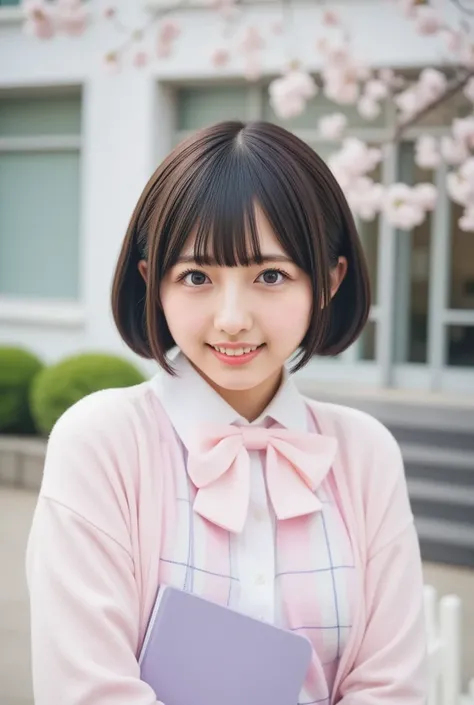 masterpiece, best quality, Cinematic photo, Japanese 18-year-old girl (short black straight hair, bangs reaching to eyebrows, boyish, with ears sticking out, Brown eyes), (smiling with teeth showing : 2.0), wearing a pink and white plaid pleated skirt, pai...