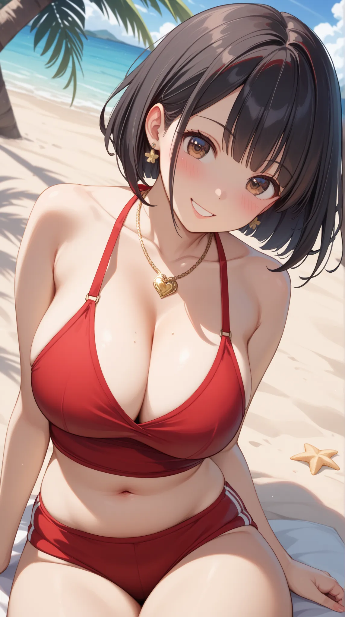 1 girl、japanese、Highest quality, (cute:1.5,short bob,black hair)、Very delicate eyes、Brown eyes、22-year-old female、office、Date、(red tankini:1.5)、smile、cheeks are slightly plump、As if looking up from below、Various poses、Various hairstyles、Highly detailed fac...