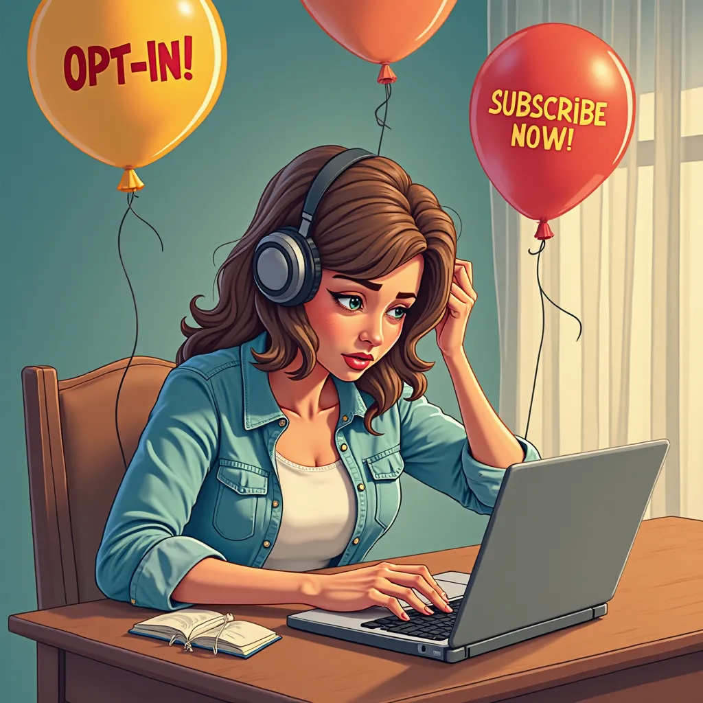 3d art woman at home writing furiously on a laptop, balloons surrounded by “OPT-IN!” and “SUBSCRIBE NOW!” comic