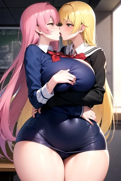 lesbian (Very long and loose yellow hair)( Big breasts,  big thighs )(With school uniform clothes it is very tight)  whom he is kissing and touching her parts at school with his girlfriend(who are in a very sexy and compromising position with their girlfri...