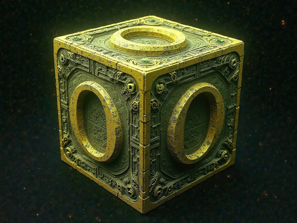 Make a cube, with detailed details in strong yellow, and on all sides the letter O is written in an ultra detailed style, the letter O is in the middle of the cube, the letter O is ultra detailed with ancestral marks, and all sides show the letter O, the O...