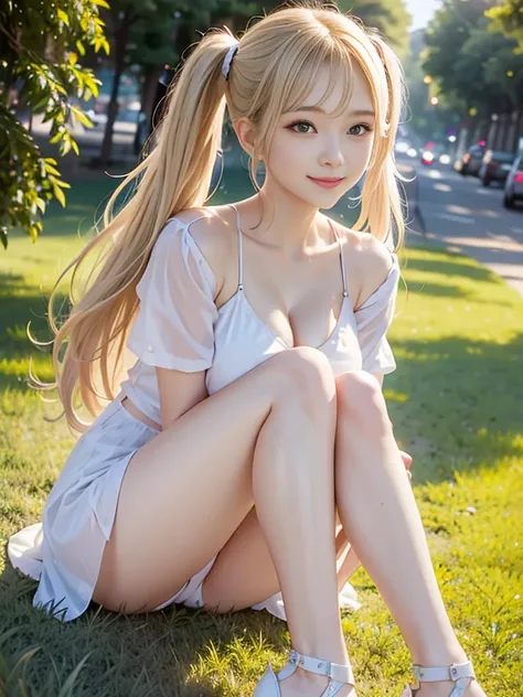 masterpiece, is anatomically correct, high definition, Ultra High Definition。 1 beautiful girl。Short and baby-faced。Has big breasts and beautiful legs。Has blond hair and twin tails。wearing a white blouse。I'm wearing a miniskirt and white sandals。garden。sit...