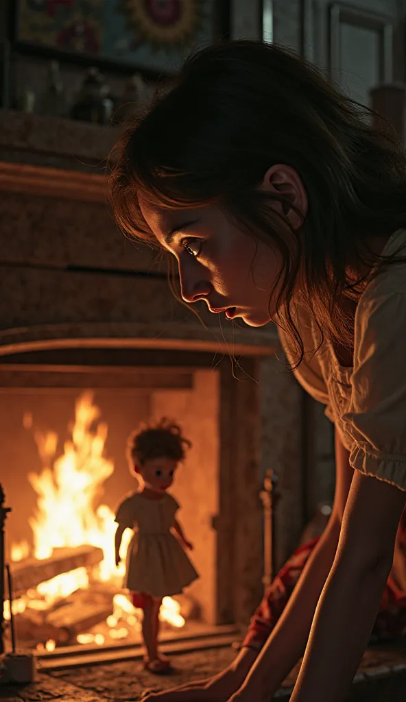 a young woman burning a doll in a fireplace, the doll is inside the fireplace and the young woman has a terrified expression.