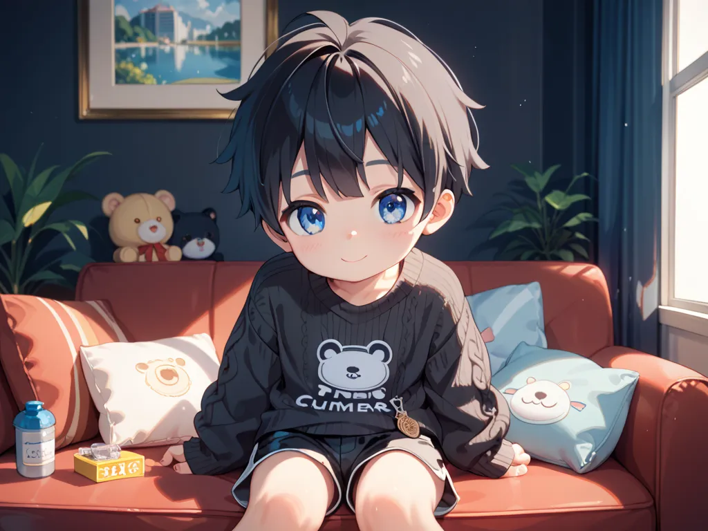 a boy, shota, small, cute, , anime style, short black hair, blue eyes, cute body, black sweater, small black shorts. uncensored. Sitting, Front view.