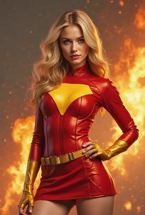 age woman with a serious look, blond hair, eyes orange color, hero costume with colors and fire style,  colors like red ,  orange and yellow,  with a golden belt , and a short skirt, That the suit is snug to your body showing your curves