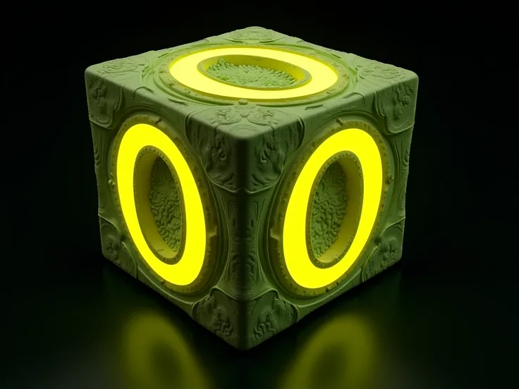 Make a cube, with detailed details in strong yellow, and on all sides the letter O is written in an ultra detailed style, the letter O is in the middle of the cube, the letter O is ultra detailed with ancestral marks, and all sides show the letter O, the O...