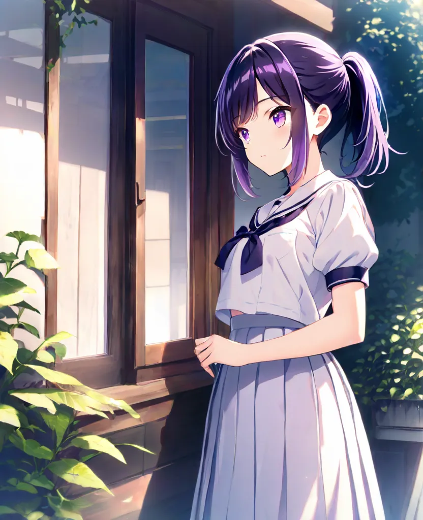 1girl, solo, skirt, shirt, black hair, school uniform, standing, purple eyes, white shirt, ponytail, purple hair, short sleeves, sidelocks, pleated skirt, outdoors, day, puffy sleeves, puffy short sleeves, window, white skirt, plant, long skirt