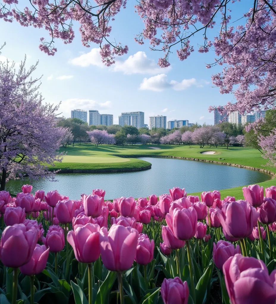 Realistics , beautiful golf course , purple tulips garden, Bueng Nong knot lake, Khon Kaen city, housing development on the background, Central department store far away on the background, purple trees around the lake, morning, bright blue sky, purple atmo...