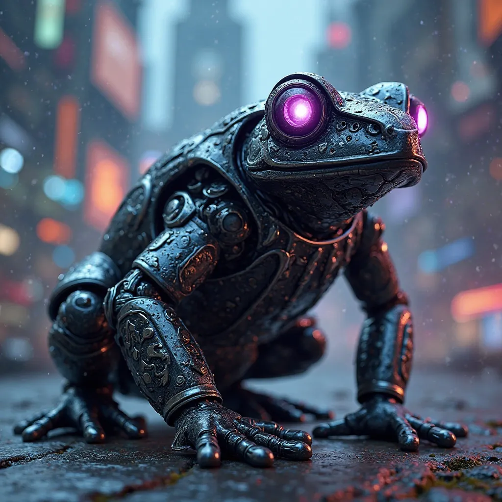 **Black Panther-Themed Robotic Frog:**  
   *Create a realistic and futuristic depiction of a robotic frog designed in the style of Black Panther. The frog's body is covered in a sleek black and silver vibranium-like exoskeleton with tribal patterns, resem...