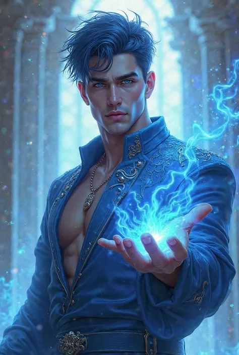 Realistic digital illustration of the god Hades, handsome, with short hair in shades of blue. Elegant dress in shades of blue with silver ornaments. Creating blue fire with one hand