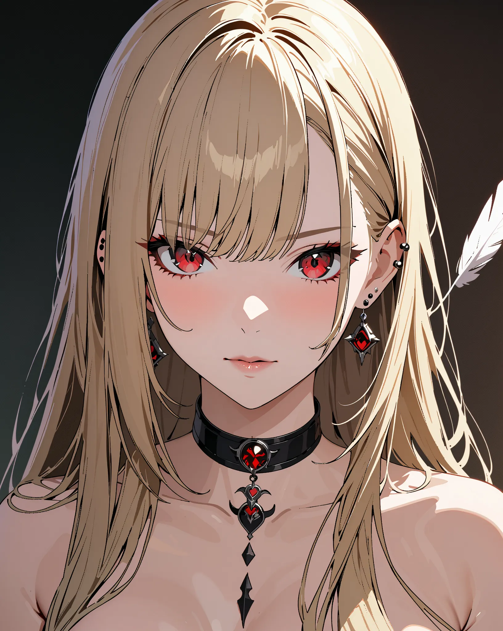 nude, A Floating Feather, Demon World, devil, Kitagawa Marin,  1girl , blonde hair, long hair, multicolored hair, red eyes, jewelry, earrings, piercing, black choker, masterpiece:1.5, highest quality, UHD, retina, masterpiece, accurate anatomy, super detai...