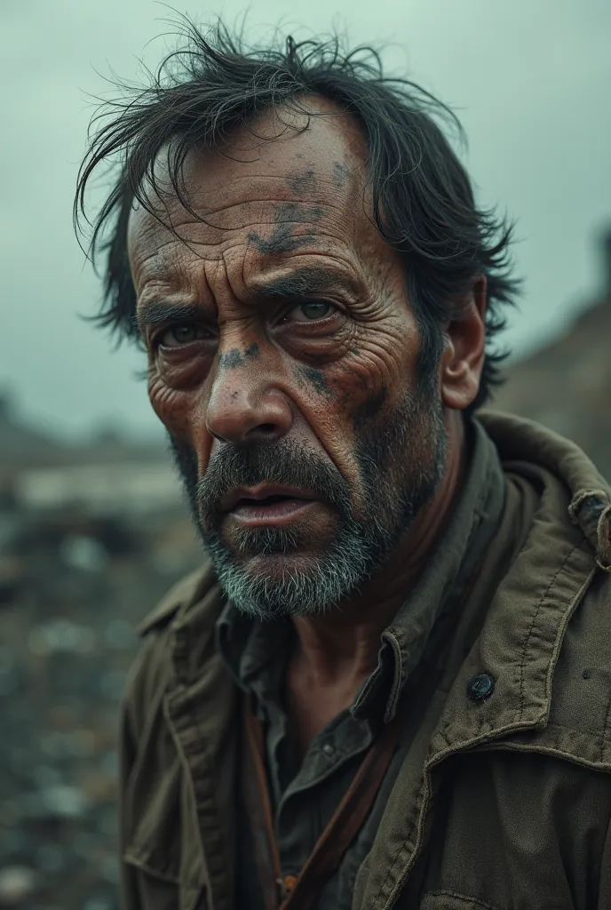 Face of a man who is scary and at the same time shows suffering in an apocalypse and he is the last person with a visa