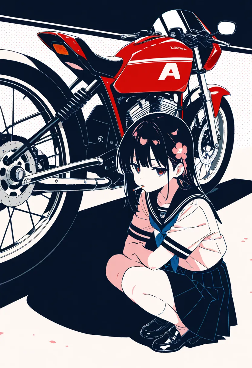 (masterpiece, best quality:1.1),general,limited palette,subtle color,pop style art,A girl squatting, maintains a motorcycle on the roadside,spanner,wrench. She is wearing a school uniform(serafuku).jitome, Cigarette in mouth.A single flower blooming on the...