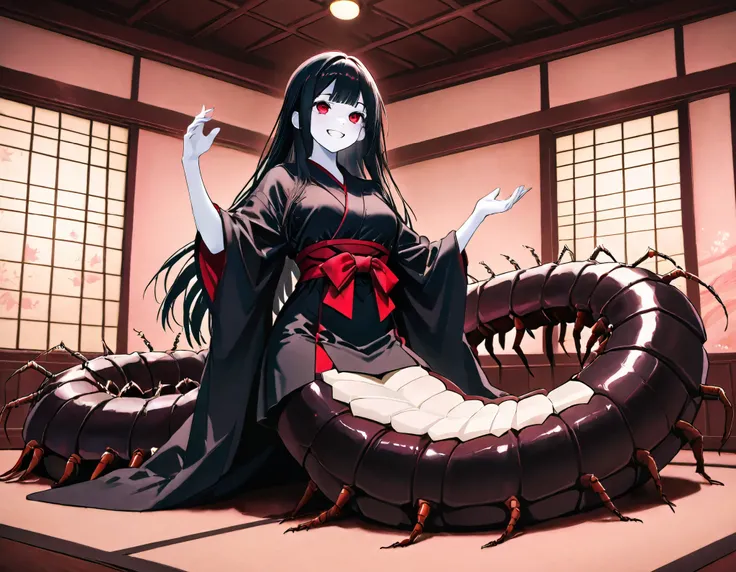 Lamia style girl. Fusion with a centipede. Black centipede body. Red insect legs. giant. Black costume. Japanese kimono dress. Red eyes. Black hair. Straight hair. Neat bangs. Grin. White skin. Relax pose. Japanese house. Indoors. look up.