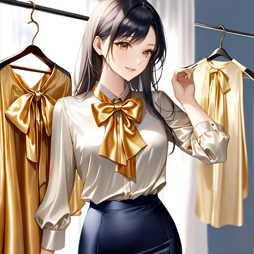 bow blouse, A photorealistic full-body shot of a flawlessly proportioned and beautiful 26-year-old Japanese woman with semi-long hair and a gentle smile. tie-neck blouse, She is standing in a well-lit room, gazing with admiration at a gorgeous, (((golden s...