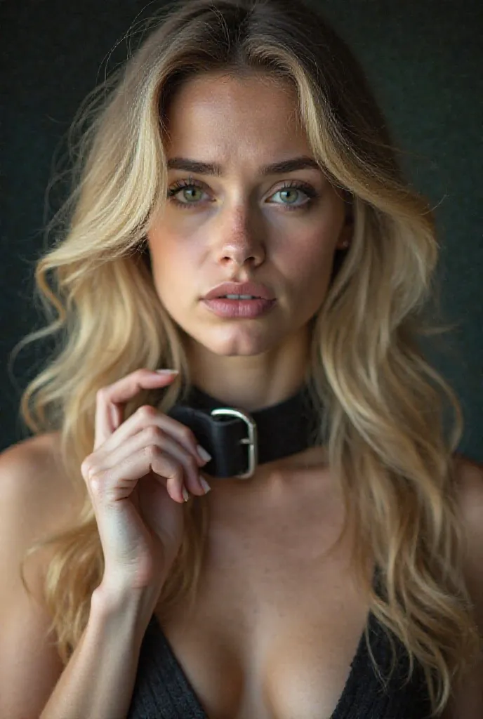 A beautiful young blonde woman with long, wavy hair and striking facial features, wearing a black leather dog collar around her neck. She has a conflicted and regretful expression, her deep eyes filled with sadness and hesitation. Her fingers gently touch ...