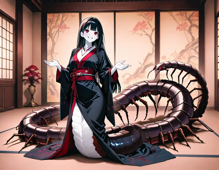 Lamia style girl. Fusion with a centipede. Black centipede body. Red insect legs. giant. Black costume. Japanese kimono dress. Red eyes. Black hair. Straight hair. Neat bangs. Grin. White skin. Relax pose. Japanese house. Indoors. look up.