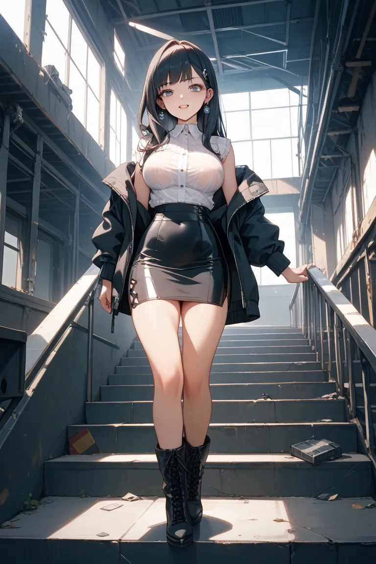 Japanese high school girl gang leader has long straight hair with white mesh and wears a black jacket、is a shirt, white, black, tight skirt, and boots on the emergency stairs of an abandoned factory, and there are no breasts with a black eyeliner and a coo...