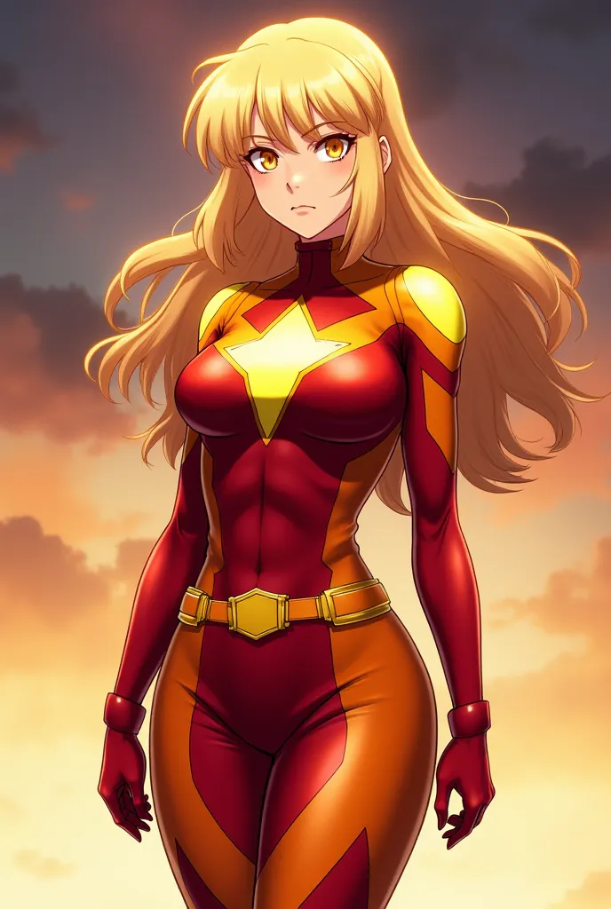 age woman with a serious look, blond hair, eyes orange color, hero costume with colors and fire style,  colors like red ,  orange and yellow,  with a golden belt , and a short skirt, That the suit is snug to your body showing your curves. Anime style and b...