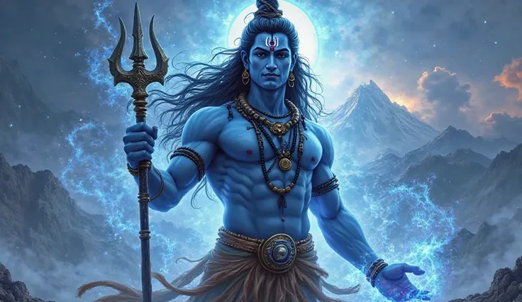 Depict Lord Shiva as the world's strongest, most majestic, and most powerful God. He has a muscular physique, glowing blue skin, and a divine aura radiating from his body. His eyes are intense and filled with wisdom, with a third eye glowing on his forehea...