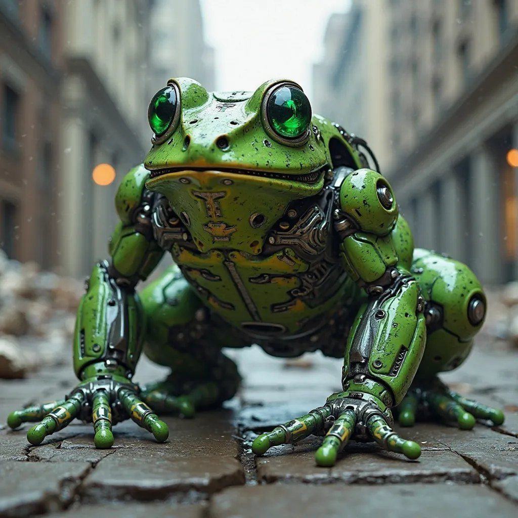 **Hulk-Themed Robotic Frog:**  
   *Create a realistic and futuristic depiction of a robotic frog designed in the style of Hulk. The frog's body is covered in a green and metallic exoskeleton with glowing energy veins, resembling Hulk’s powerful physique. ...