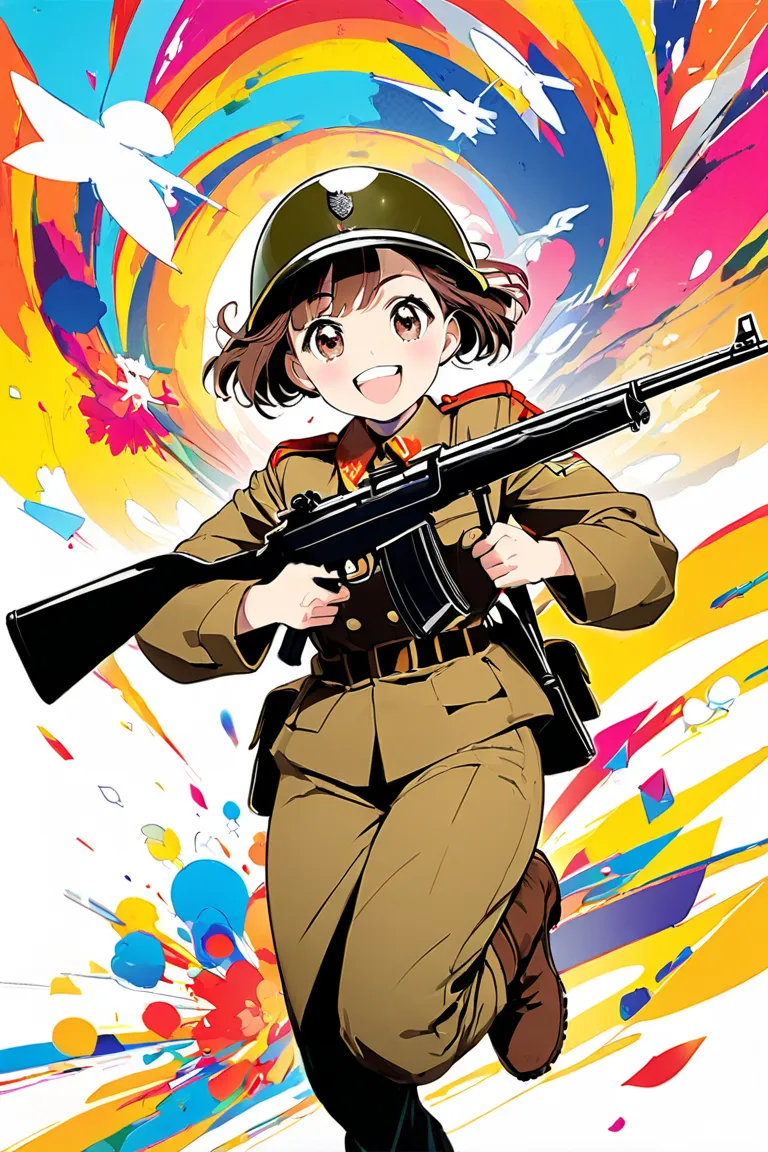 illustration of a high quality, abstract soldier girl、flat color、(Saturation:-1.5)、girl has brown unkempt short hair、brown eyes、wearing an old German military helmet、old German military uniform、military long pants、 brown long boots、(Hold a rifle with both ...