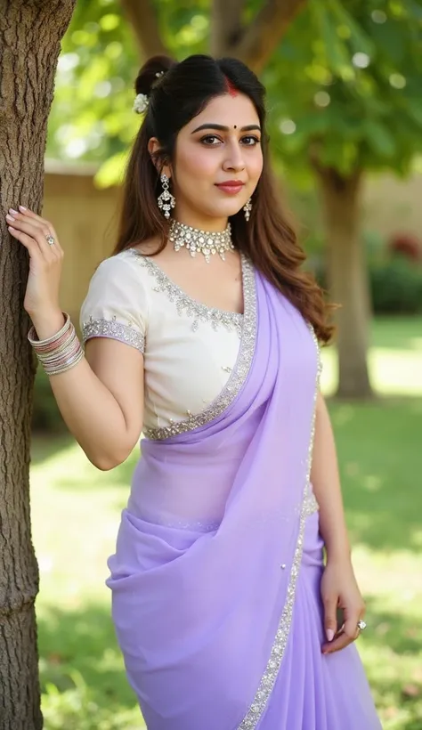 Full body image,(best quality, masterpiece:1.3), (detailed:1.2),Indian beautiful woman ,facing to camera in standing position leaning to tree ,in garden posing for camera under the tree, white blouse, Lavender color silk saree,Silver oxidised choker in nec...