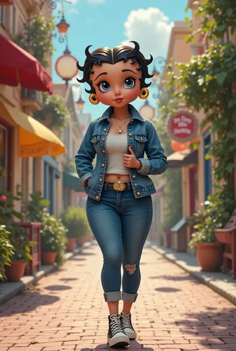 In the background a beautiful street, a Betty boop with a denim jacket and tight denim pants, That the Betty boop is a little wide but not fat, with converse and without earrings