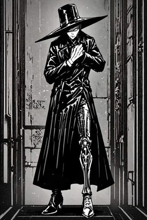 appearance:

A tall, slender man with an elegant but intimidating posture. He wears a long black leather coat with silver details, a worn vest and reinforced boots. His wide-brimmed hat partially covers his face, but the most disturbing thing is his right ...