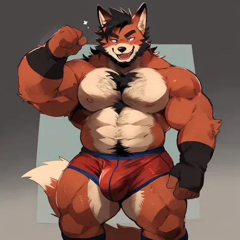 fox, furry, red fur, handsome, very muscular, very big, extremely hot and sexy, beard, hair, chest hair, charming eyes, solo, male, happy expression, daddy, bulge, full body, big body, clothes, middle aged, by hyaku, by darkgem, by glitter trap boy