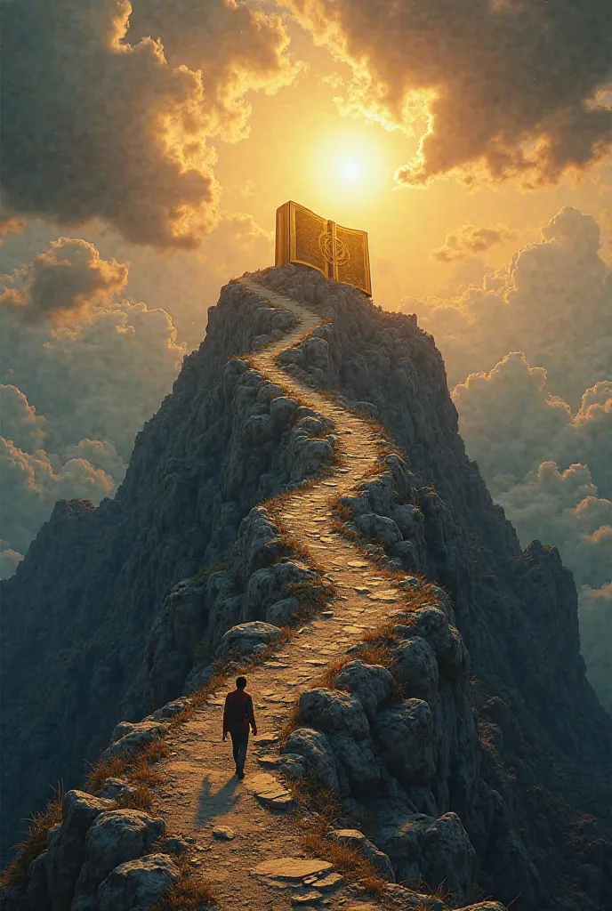 A road of steep and rugged rocks, with an exhausted traveler climbing. On top of the mountain, a large golden book shines,  symbolizing learning . The sky is divided between dark clouds at the beginning of the journey and a radiant sun at the destination.