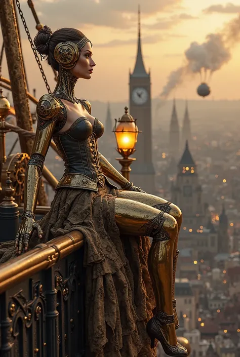 A breathtaking woman crafted entirely from polished brass and chrome reclines against the railing of a grand airship, her metallic body gleaming under the warm glow of gas lamps. Gears and cogs subtly whir beneath her polished surface, intricate engravings...