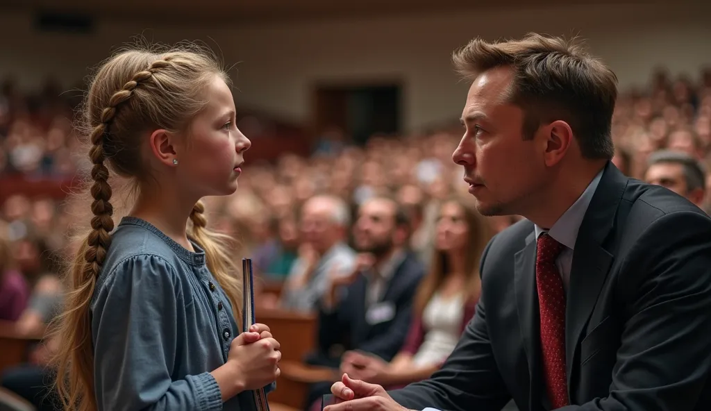 A dramatic and emotional scene inside a large university auditorium in the United States, filled with an audience attentively watching a conversation between a young girl (around 8-) with blonde hair in neatly braided pigtails, wearing a blue dress, holdin...