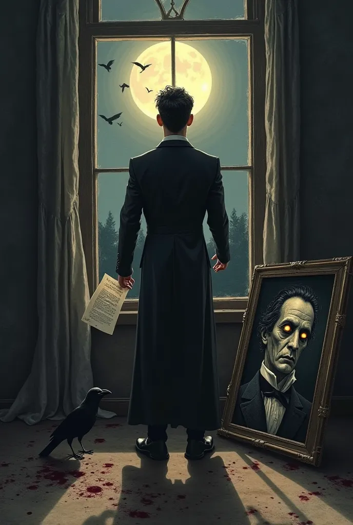 [Image of Dorian standing by a night window, Iluminado por la luna. In his left hand he holds a letter addressed to Alan Campbell,  and on the right , a blood-stained rag. At your feet, an elongated shadow merges with the deformed portrait, whose eyes shin...