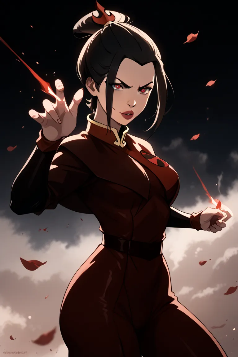 Azula wearing Rogue costume from X-Men ,olhos Ruby,sexy mesmerizing look  ,  Big breasts , tanning brand,  shiny tan skin ,  Thin Waist and Thick Thighs  , combat pose from head to toe  ,