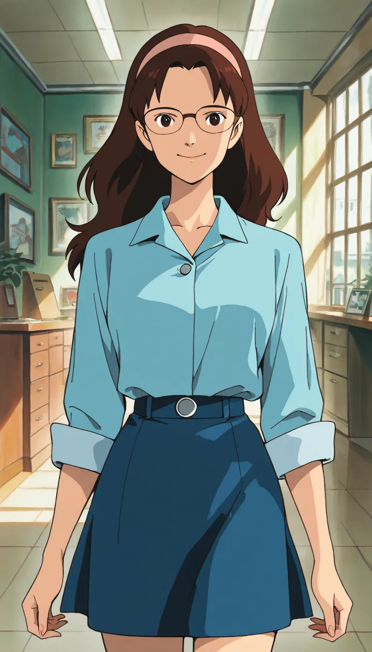 (1girl,ReporterLady), (extremely detailed CG unit 8k wallpaper),(master part), (best quality), (ultra detail), (best illustration),(ghibli_style), cowboy shot, standing, facing viewer, looking at viewer, perfect face, perfect eyes, perfect fingers, (Sharp ...