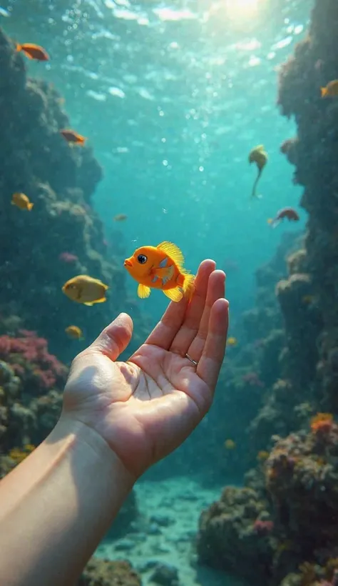 Point of view shot from Ariel’s perspective, focusing on her delicate hands gently caressing a small, vibrant golden fish with blue stripes. The water around her is crystal clear, and various other sea creatures – bright corals, playful seahorses, and shim...