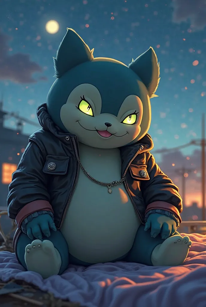 The pokemon Snorlax With glowing Green eyes, wearing an leather jacket with the name FAFA printed on the leather jacket, In michigan ohio, Smoking a joint, sitting on an Daimond golden bed on the roof, with an beautiful night sky, Anime, 3D, Pokemon, Snorl...