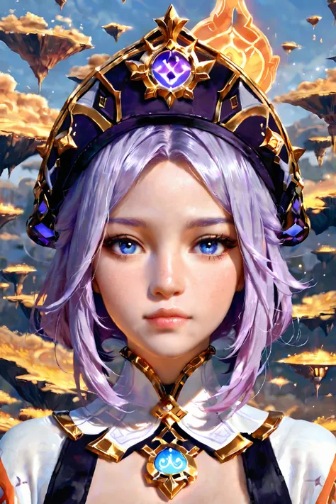 A detailed portrait of Dione from Genshin Impact, , a beautiful girl with long purple hair, with blue eyes and a sweet expression, standing in a fantastic landscape with floating islands in the clouds, hidden under the setting sun, high quality, 8k, detail...