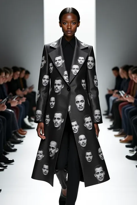 A model on a runway wearing a coat full of faces of black historian 