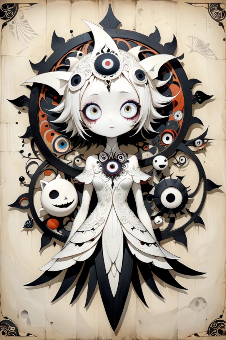 (masterpiece、Highest quality)、Super Detail、 HIGHEST DETAILS 、 Tim Burton Style、Homunculus Girl、layered sculpture 、body horror、Avant-garde、concept art、Mysterious and beautiful、Fantasy、 art deco 、Layered Cut Art、stylish、stylish、Shikigami、Onmyoji、Mandala