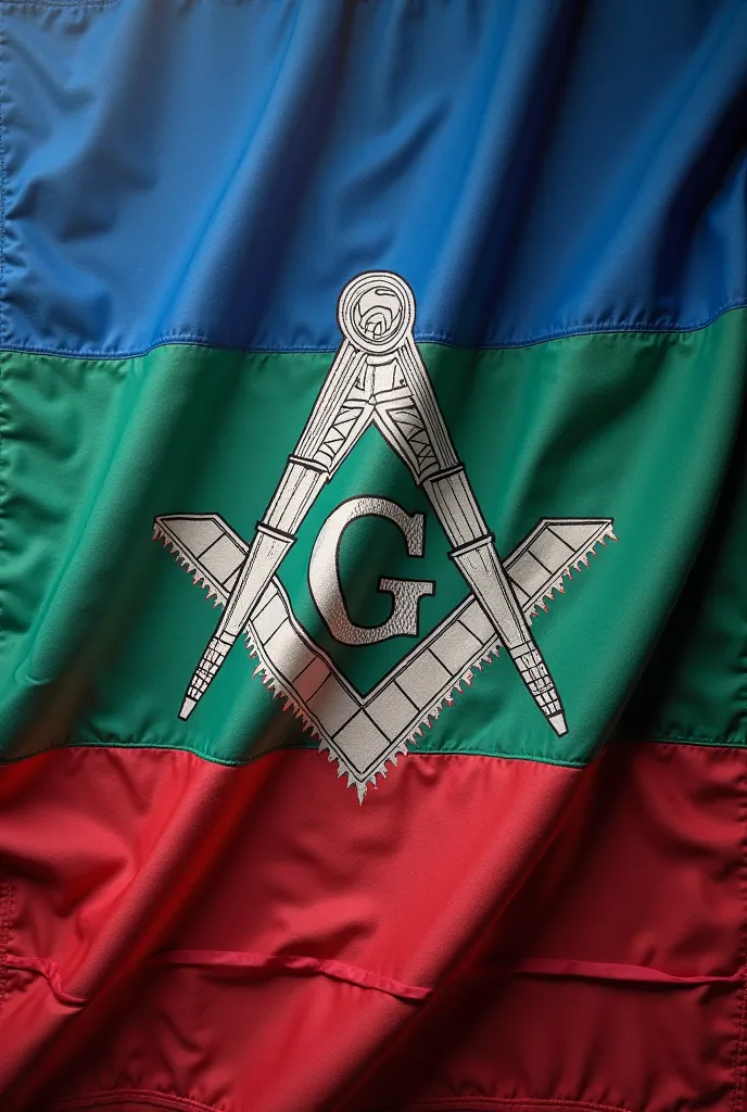 flag,  horizontal stripes , blue, green and red with Masonic square symbol , compas and silver letter g in the center