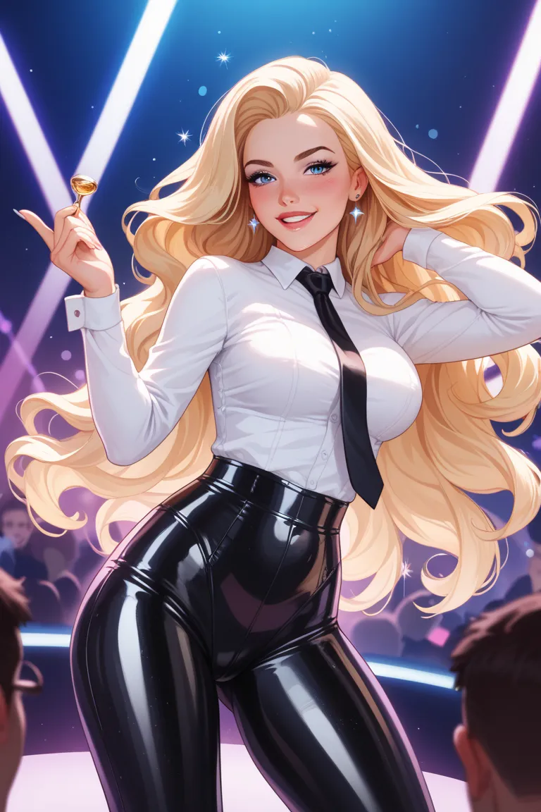 Woman , blonde very long, blue eyes, white shirt , black tie , black latex leggings shiny , looking sexy, night club, dancing ,, very drunk ,crime scene vibe , dark vibe