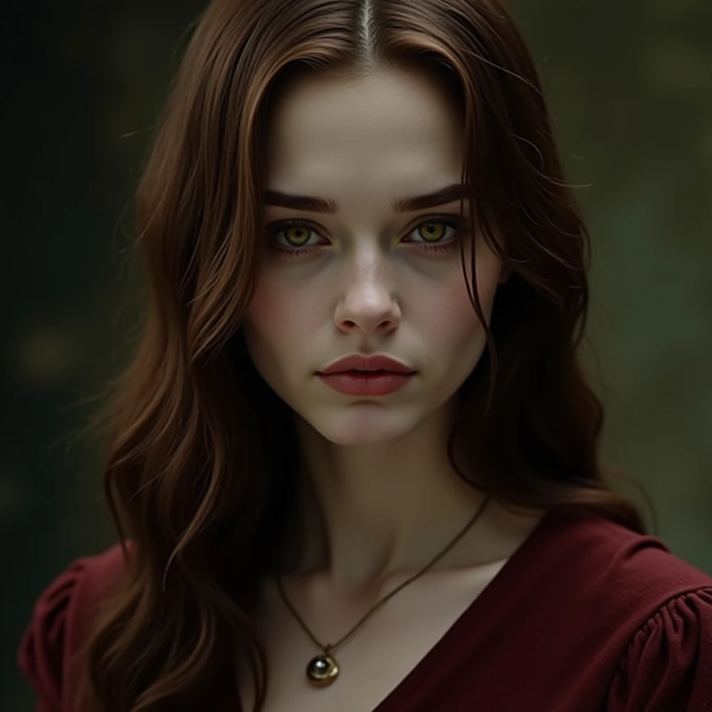 Bella Swann change into a vampire by Edward she became extremely pale with even paler skin Street waist length hair Amber yellow eyes due to animal blood her futures also heightened and perfected by transformation Bella she have a heart-shaped face with pe...