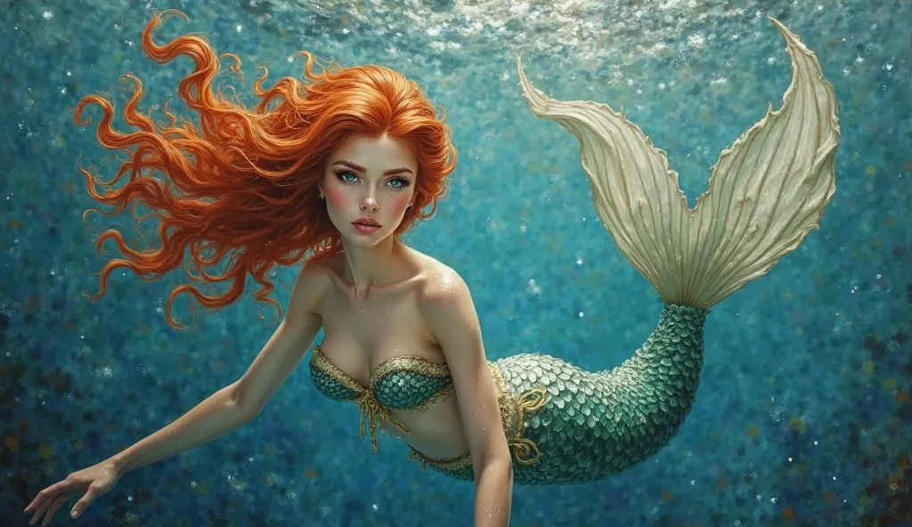 a beautiful redheaded mermaid with orange hair , thin beautiful skin with shiny makeup , Beautiful tail oil painting.  perfect