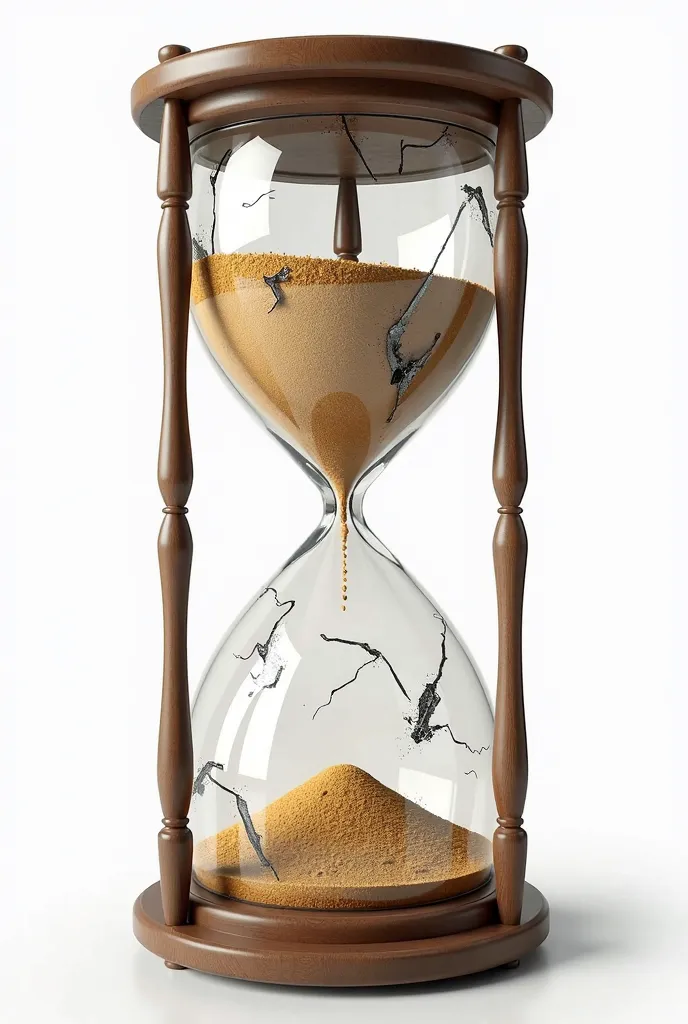 Create a highly detailed and realistic representation (either as a 3D render or digital illustration) of a real hourglass , fully visible in the image. The hourglass should have multiple cracks in the glass, with sand realistically spilling through the sha...