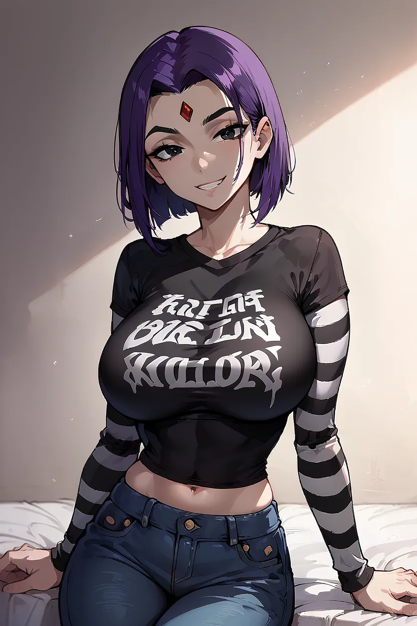 1 girl, solo, black short sleeve t-shirt, layered sleeves, white long sleeves, jeans, Raven, purple hair, black eyes, black t-shirt over white long sleeves, large breasts, confident smile, striped sleeves, black short sleeve over long sleeve, t-shirt sayin...